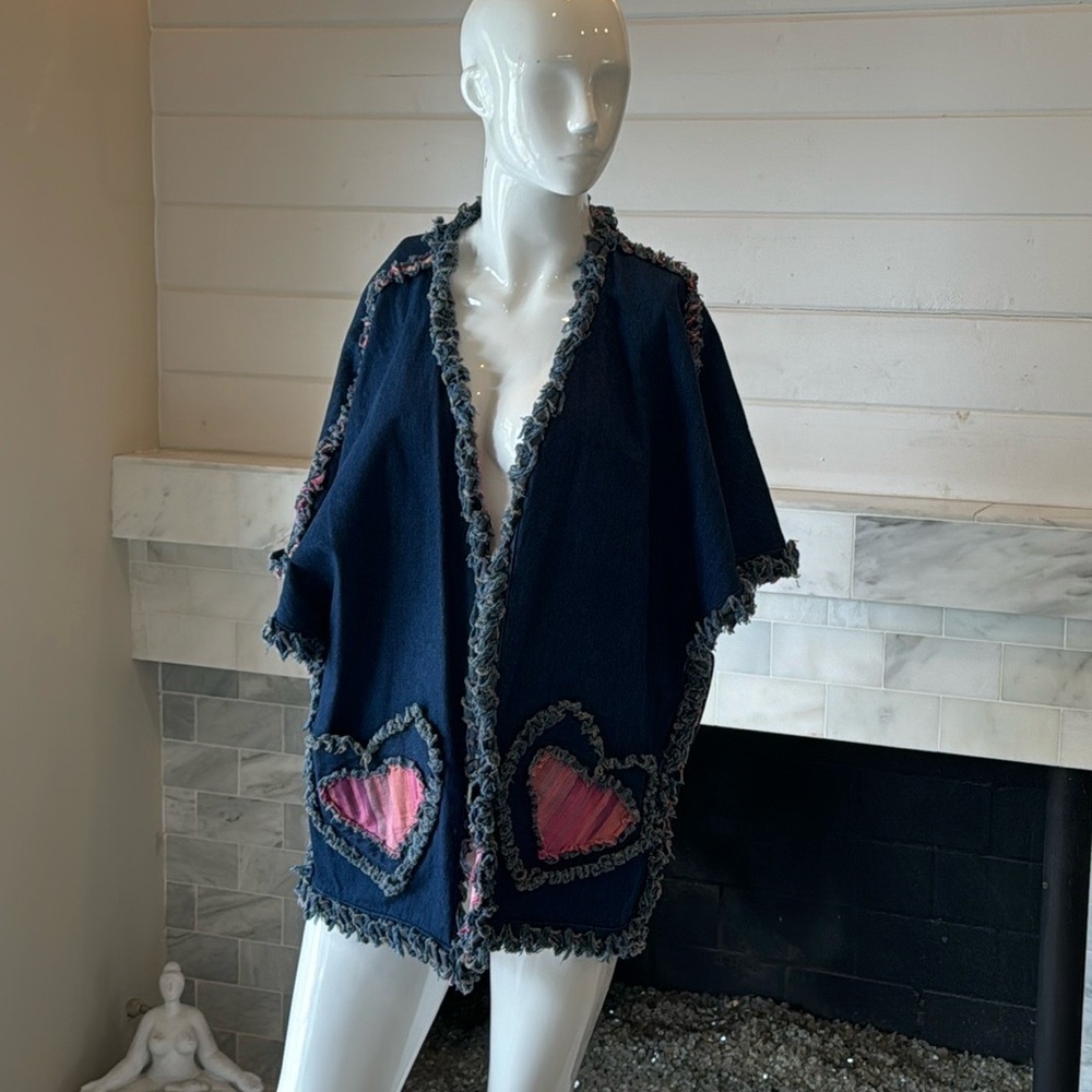 Unique Blue Denim Fringe Pink Heart Pocket Open Jacket OS - Picture 7 of 7